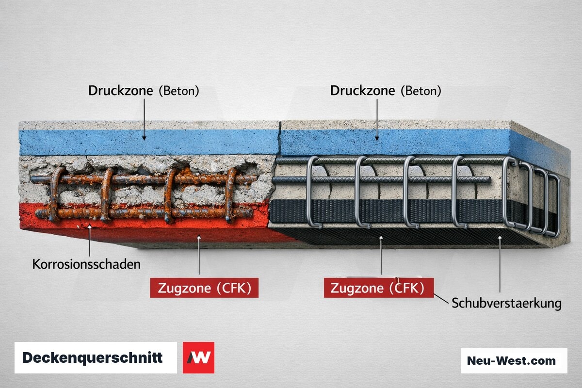 Vergleichsquerschnitt einer Stahlbetondecke: links Carbonatisierungsschaden mit Bewehrungskorrosion, rechts CFK- und Stahlverstärkung.