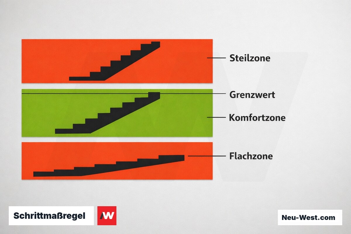 Schrittmaßregel: Komfortzone vs. DIN-18065-Grenzwerte – Erklär-Grafik (NEUWEST Berlin)