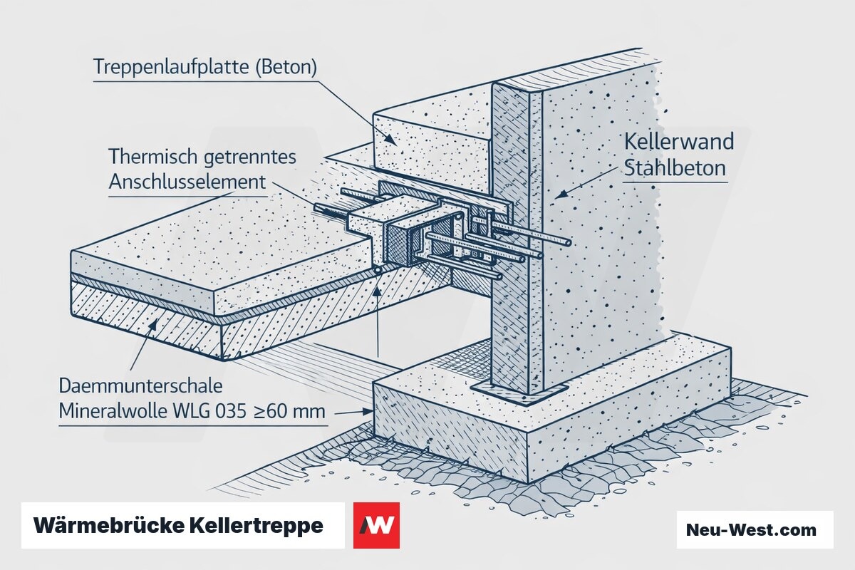 Querschnitt der Kellertreppen-Anschlussstelle mit thermisch getrenntem Anschlusselement und Mineralwolle-Dämmunterschale unter der Treppenlaufplatte an der Stahlbeton-Kellerwand.