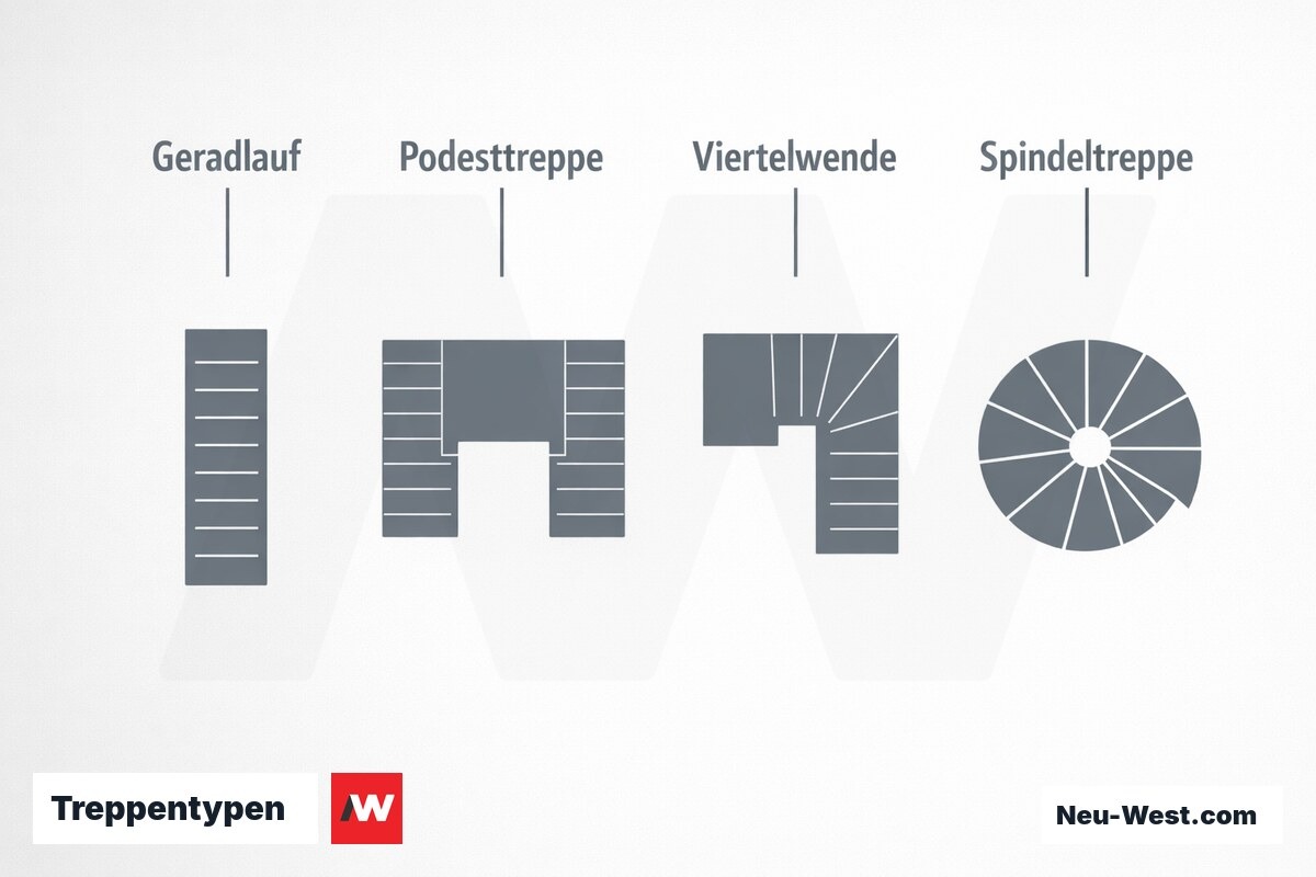 Treppentypen: Platzbedarf und Komfort im Vergleich – Erklär-Grafik (NEUWEST Berlin)