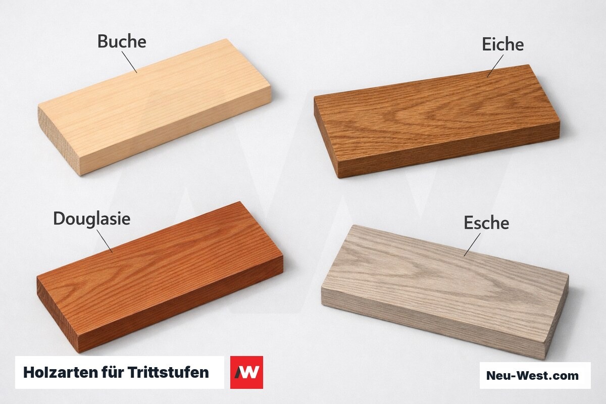 Holzarten für Trittstufen: Brinell-Härte und Abriebeignung – Erklär-Grafik (NEUWEST Berlin)