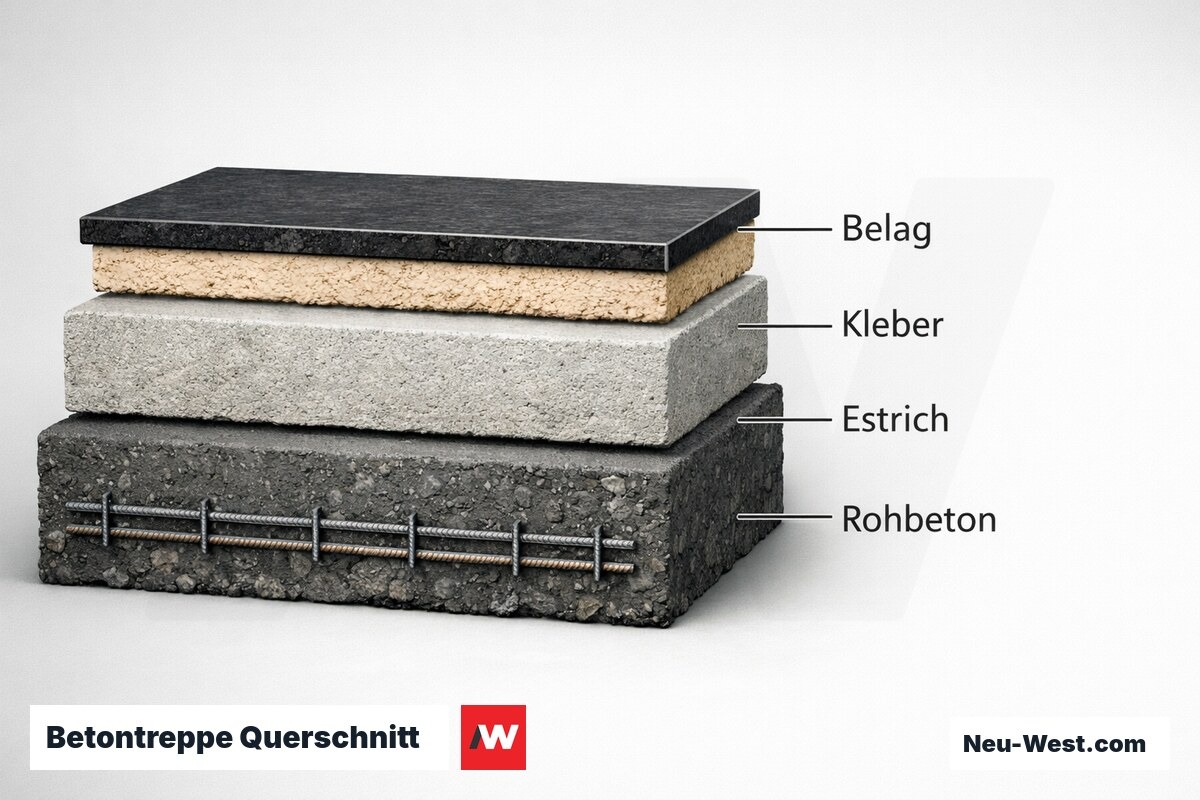 Betontreppe Querschnitt: Schichtaufbau mit kritischen Maßangaben – Erklär-Grafik (NEUWEST Berlin)
