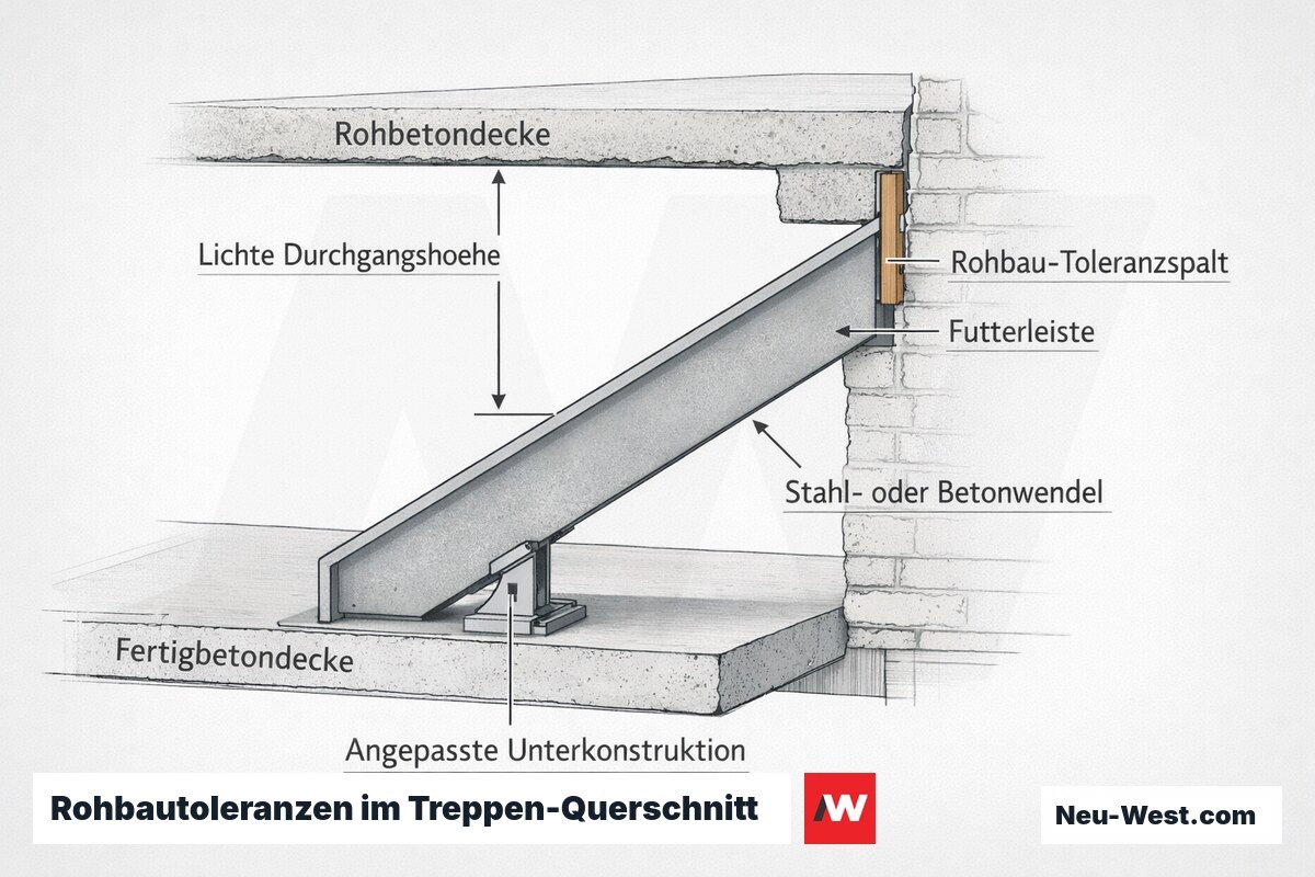 Querschnitt einer Treppe im Rohbauschacht mit lichter Durchgangshöhe, Toleranzspalt, Futterleiste und angepasster Unterkonstruktion.