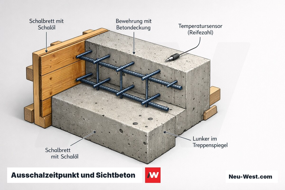 Querschnitt einer Betontreppe in der Schalung: Schalbrett mit Schalöl, Bewehrungsabstand, Temperatursensor zur Reifezahl und Lunker im Treppenspiegel.