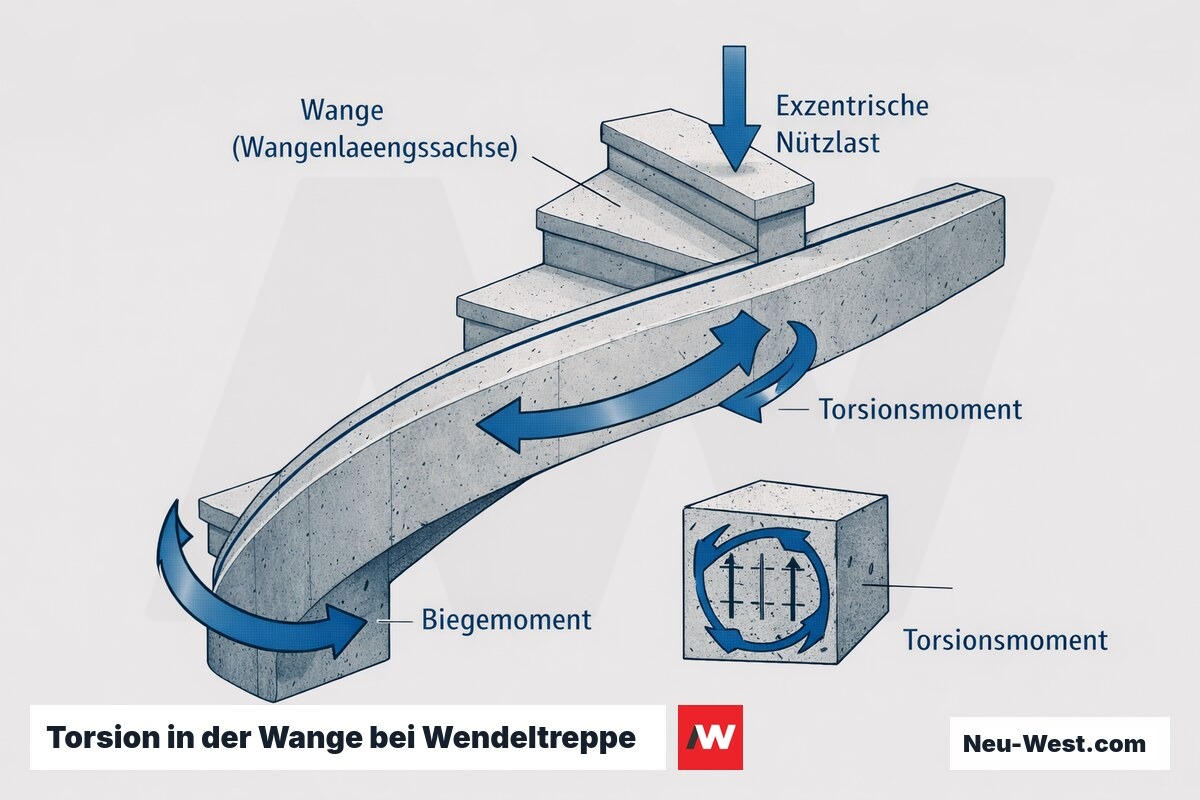 Cutaway-Diagramm einer Halbwendeltreppen-Wange mit exzentrischer Nutzlast, Torsions- und Biegemoment um die Wangenlängsachse.