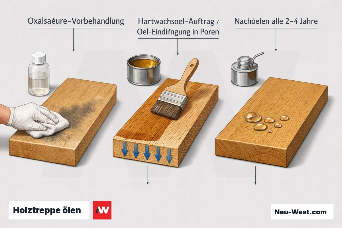 Prozess-Illustration einer Eichen-Holztreppe: Oxalsäure-Vorbehandlung gegen Grauschleier, Hartwachsöl-Auftrag, Öl-Eindringung und Nachölen alle 2–4 Jahre.