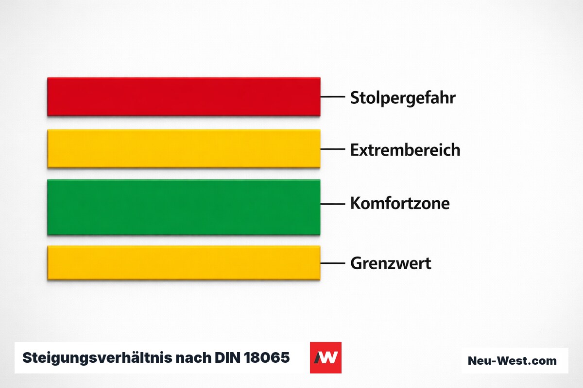 Steigungsverhältnis nach DIN 18065: Komfortfeld und Grenzwerte – Erklär-Grafik (NEUWEST Berlin)