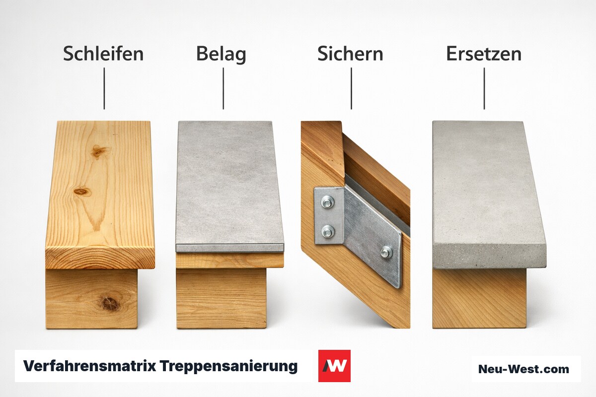 Verfahrensmatrix Treppensanierung: Methoden und Einsatzbereiche im Vergleich – Erklär-Grafik (NEUWEST Berlin)