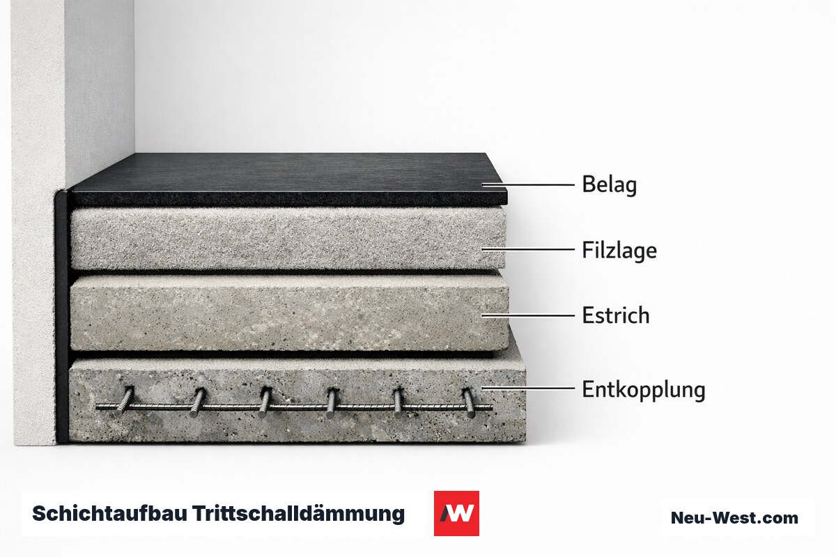 Schichtaufbau Trittschalldämmung: Podest und Antrittstufe im Querschnitt – Erklär-Grafik (NEUWEST Berlin)