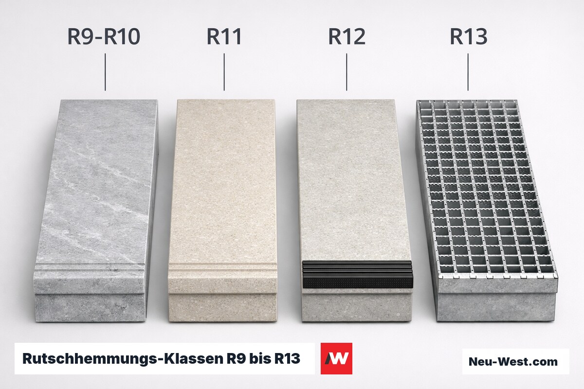 Rutschhemmungs-Klassen R9 bis R13 nach BGI/GUV-I 8527 / ASR A1.8 – Erklär-Grafik (NEUWEST Berlin)