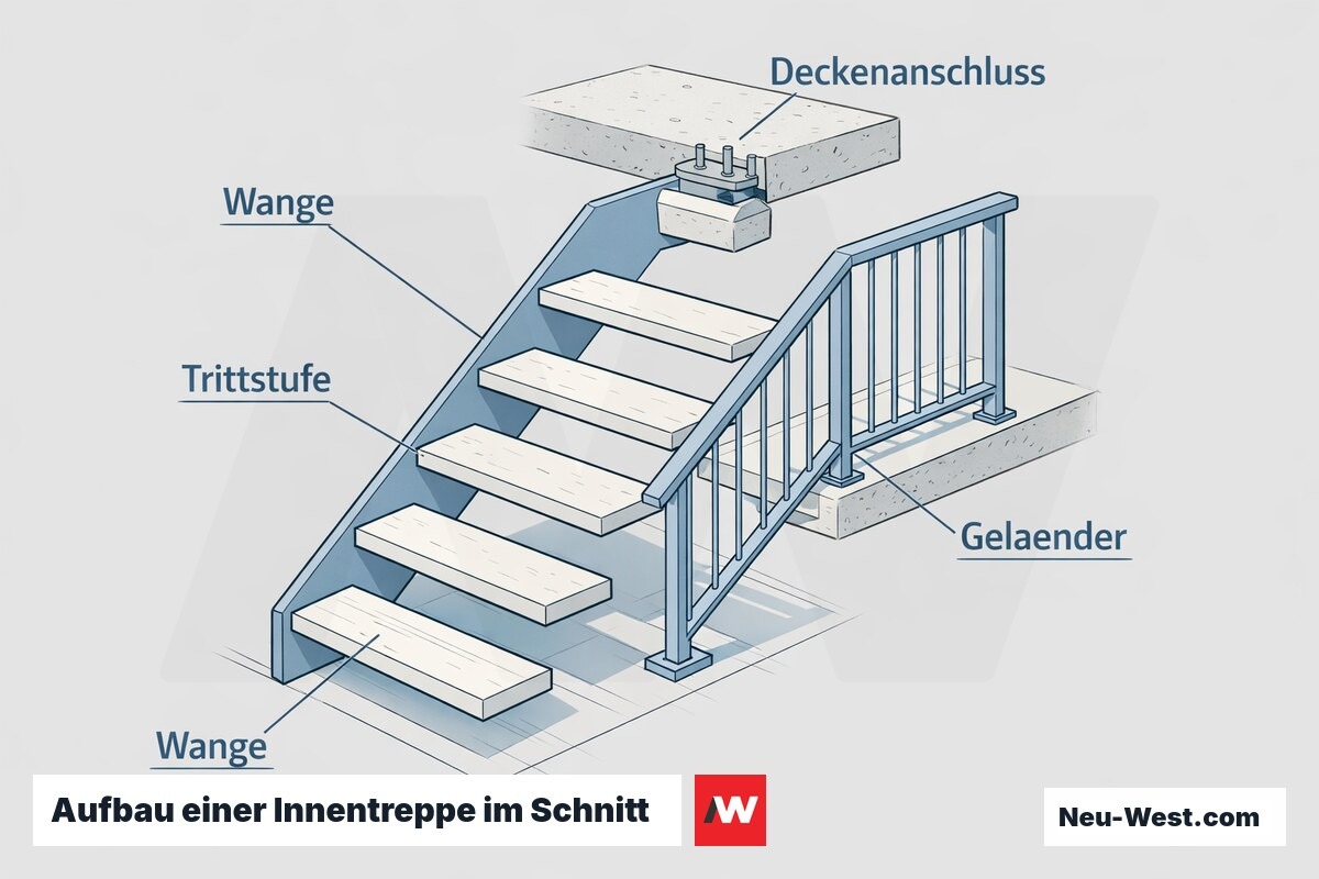 Beschriftete Schnitt-Illustration einer Innentreppe mit Wange, Trittstufen, Geländer und Anschluss an die Geschossdecke.