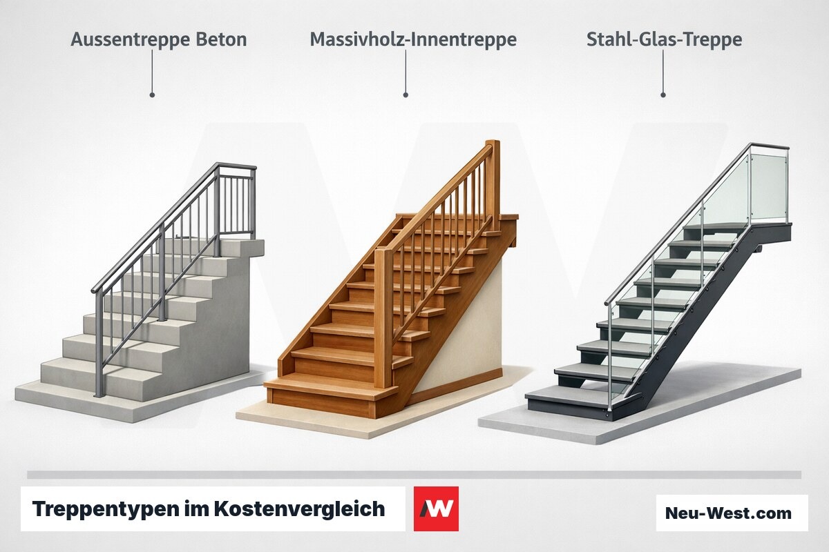 Vergleichende Illustration dreier Treppentypen: einfache Außentreppe aus Beton und Stahl, Massivholz-Innentreppe und moderne Stahl-Glas-Treppe.