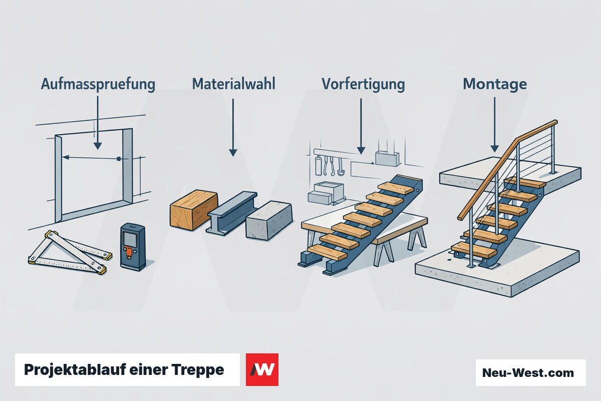 Ablaufgrafik einer Treppenplanung in vier Schritten: Aufmaß, Materialwahl, Vorfertigung und fertige Montage mit Geländer.