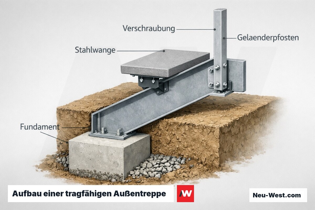 Querschnitt-Illustration einer Außentreppe mit Fundament, Stahlwange, verschraubter Stufe und verankertem Geländerpfosten.