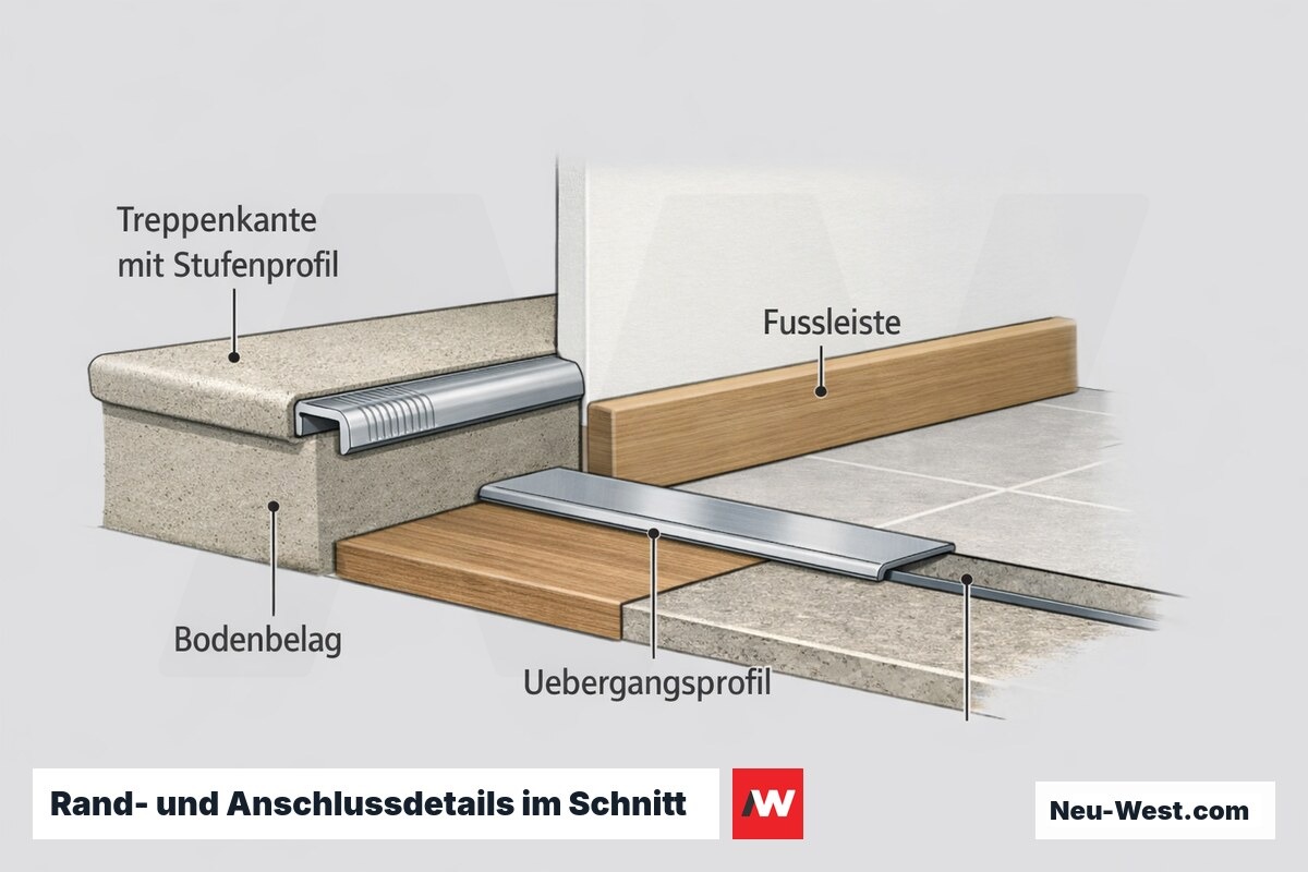 Technischer Querschnitt mit Treppenkantenprofil, Fußleiste am Wandanschluss und Übergangsprofil zwischen zwei Bodenbelägen.