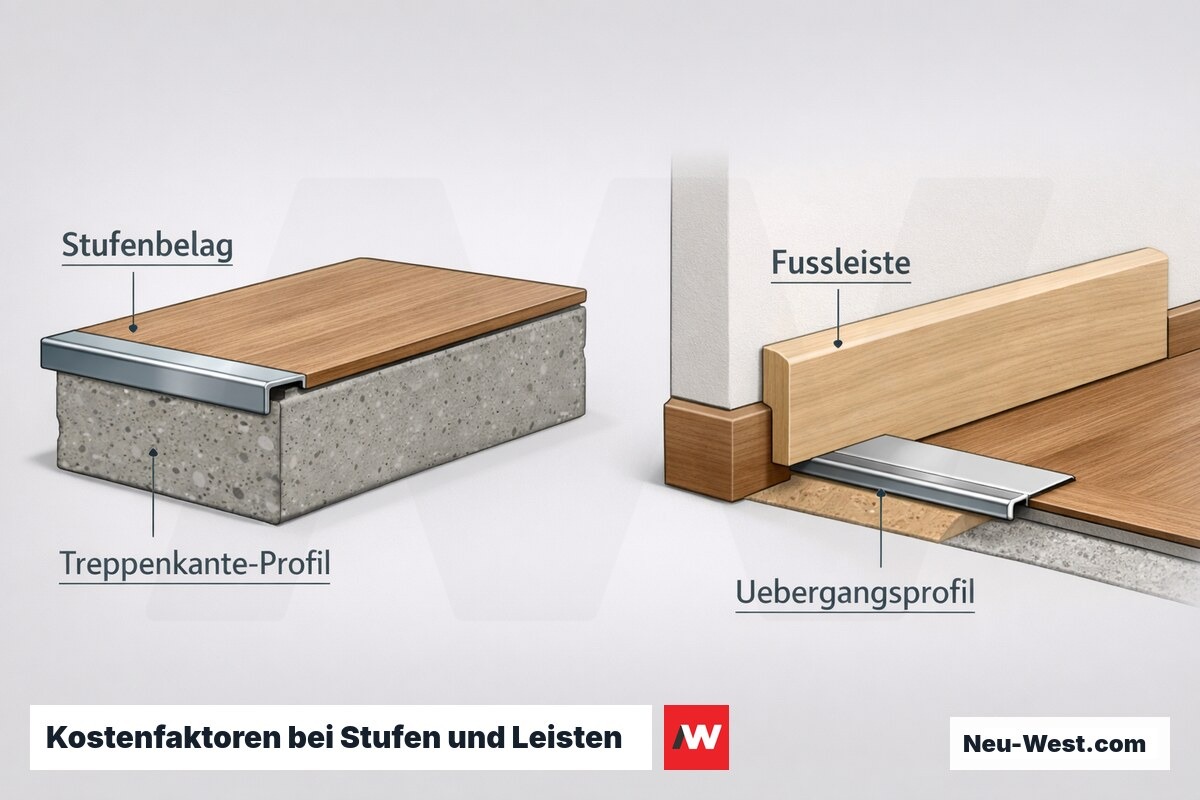 Querschnitt einer belegten Treppenstufe mit Kantenprofil sowie Fußleiste und Übergangsprofil am Wandanschluss.