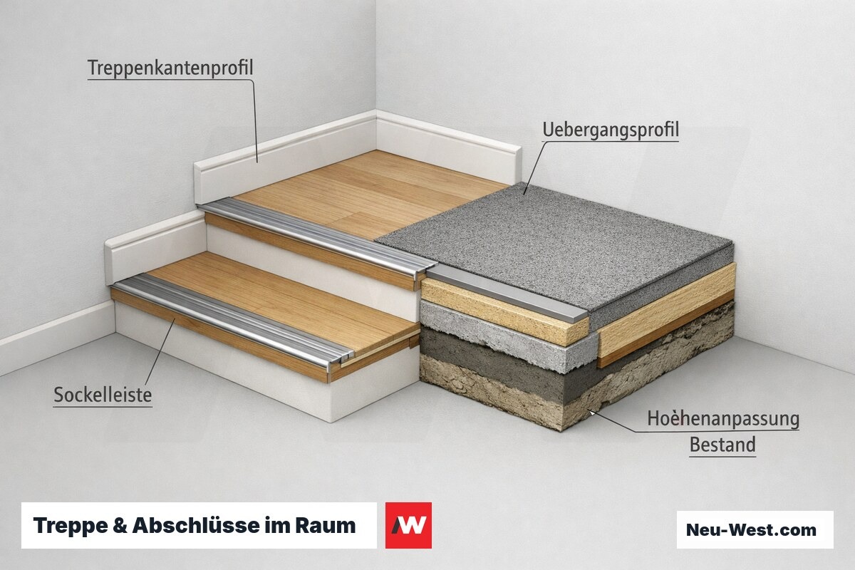 Isometrischer Aufbau einer sanierten Raumecke mit Treppenkantenprofilen, Sockelleisten, Übergangsprofil und Höhenanpassung an den Bestandsboden.