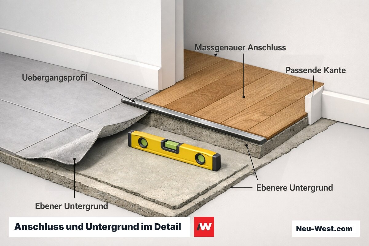 Isometrisches Detail eines Bodenübergangs zwischen Fliese und Parkett mit Übergangsprofil, ebenem Estrich-Untergrund und maßgenauem Fußleisten-Anschluss.