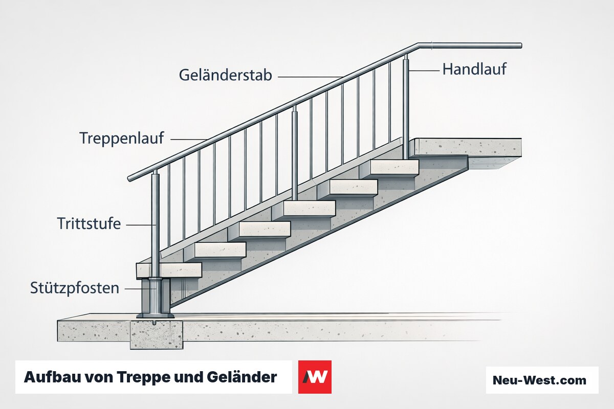 Technische Schnitt-Illustration einer Treppe mit Trittstufen, Geländerstäben und Handlauf als sichernde Elemente.