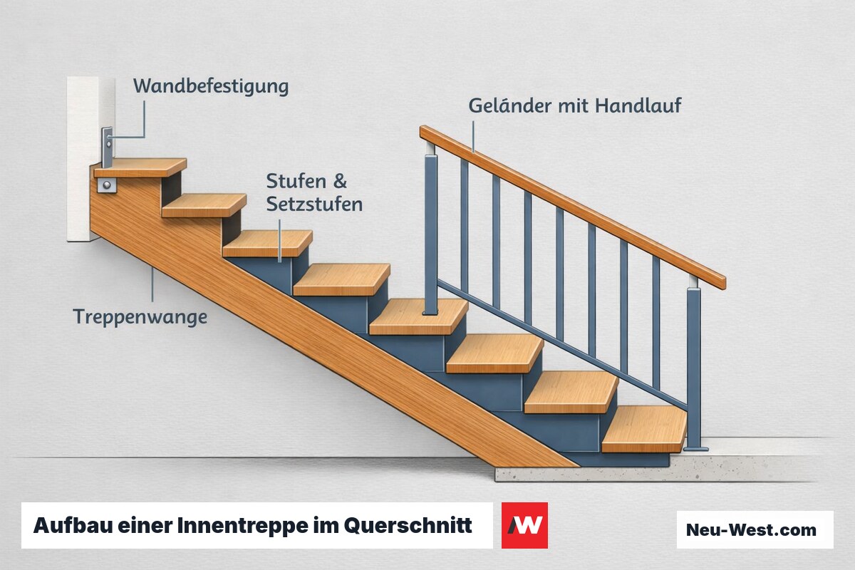Querschnitt einer Innentreppe mit beschrifteter Treppenwange, Stufen, Geländer mit Handlauf und Wandbefestigung als Kostenfaktoren.