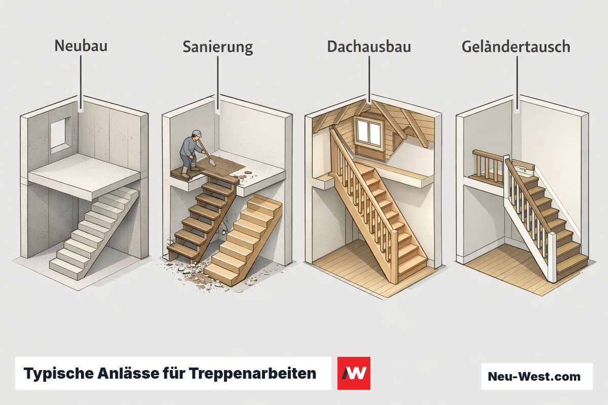 Illustration mit vier Bauszenarien: Neubau-Treppe, Sanierung einer Bestandstreppe, Treppe zum Dachausbau und Austausch eines Geländers.