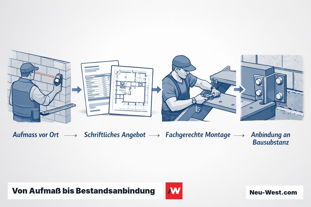 Prozess-Illustration in vier Schritten: Aufmaß vor Ort, schriftliches Angebot, fachgerechte Montage und saubere Anbindung an die vorhandene Bausubstanz.