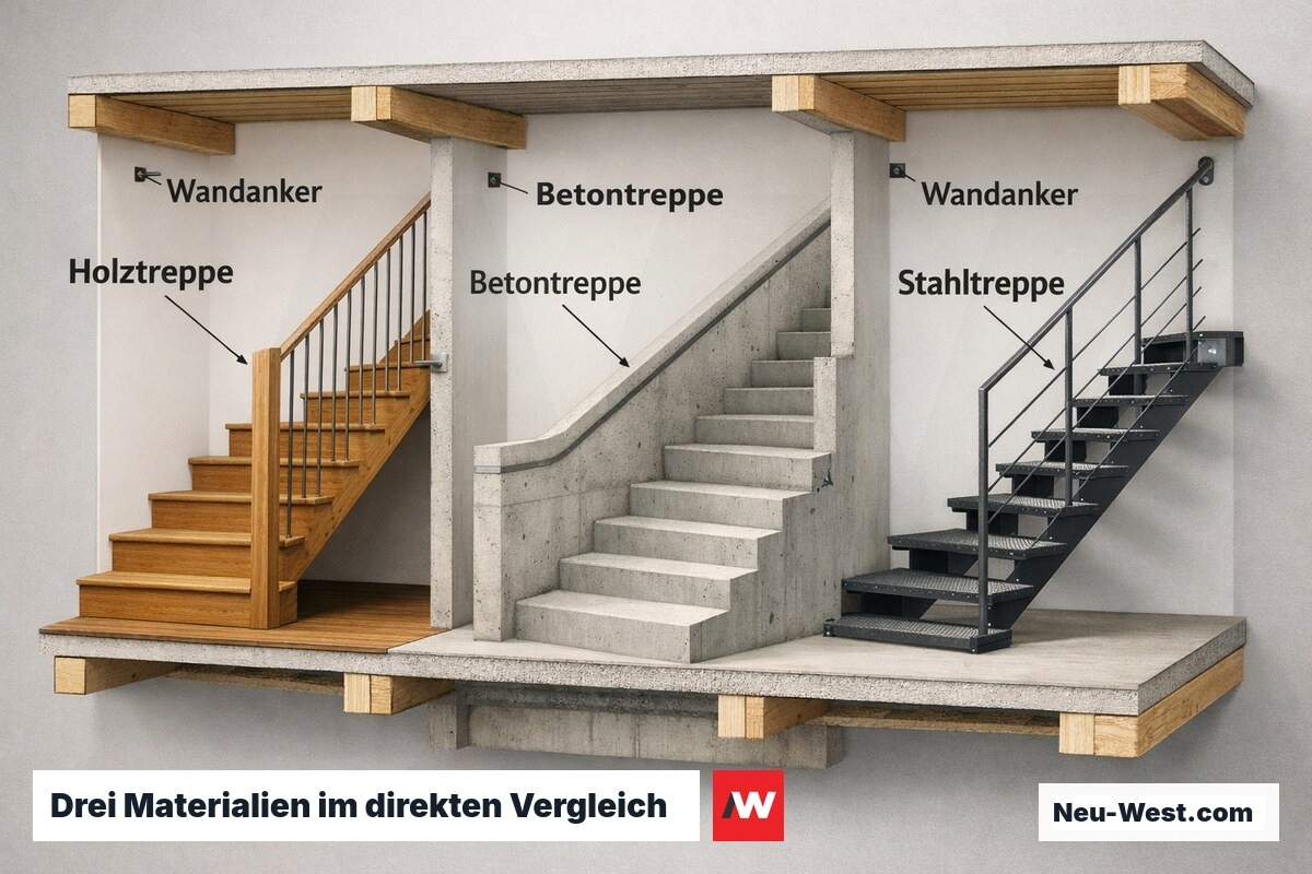 Querschnitt eines Gebäudes mit drei nebeneinanderstehenden Treppen aus Holz, Beton und Stahl im direkten Materialvergleich