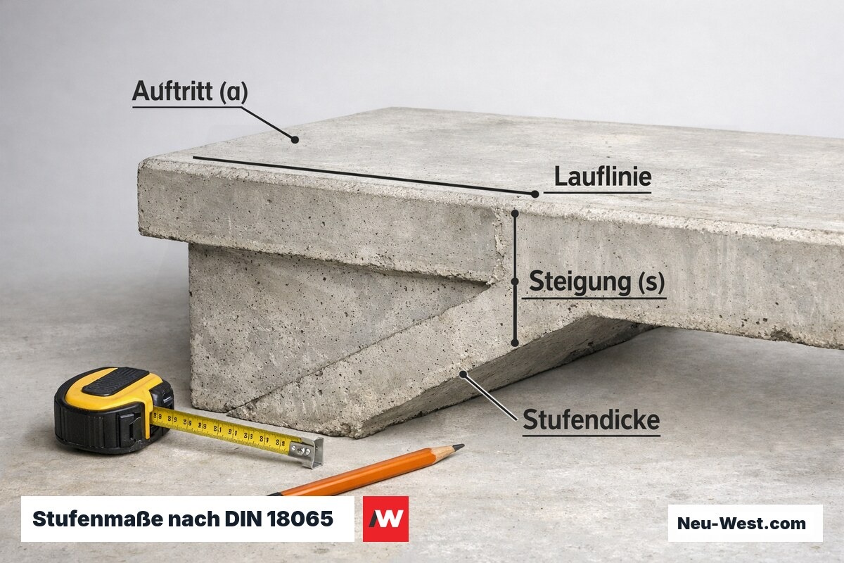 Detailaufnahme einer Betonstufe mit eingemessenen Stufenmaßen Auftritt und Steigung gemäß DIN 18065