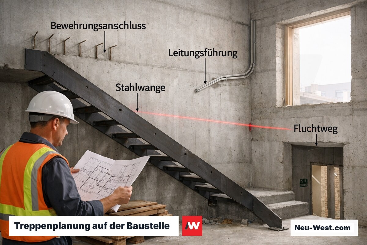 Baustellen-Szene in Berliner Altbau-Treppenhaus mit Fachplaner, Stahlwangen-Montage und Bewehrungsanschlüssen