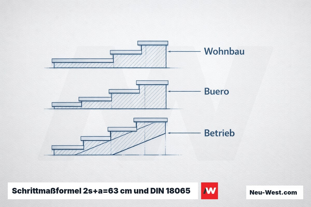 Schrittmaßformel 2s+a=63 cm und DIN 18065 Grenzwerte je Nutzungskategorie – Erklär-Grafik (NEUWEST Berlin)