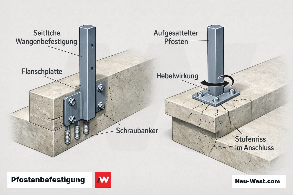 Querschnitt einer Massivtreppe: seitlich an der Wange befestigter Geländerpfosten gegen aufgesattelte Befestigung mit Hebelwirkung und Stufenriss.
