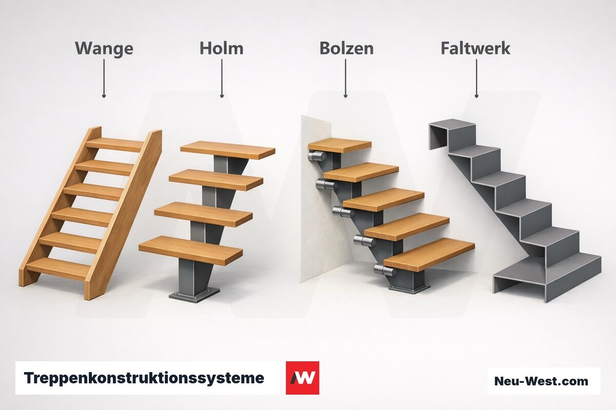 Treppenkonstruktionssysteme: Tragbild, Lastpfad und Einsatzfeld im Vergleich – Erklär-Grafik (NEUWEST Berlin)