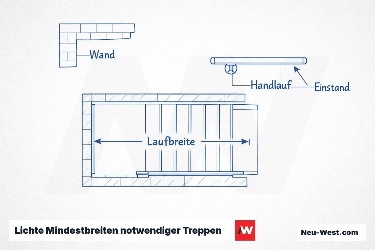 Lichte Mindestbreiten notwendiger Treppen nach MBO und BauO Bln — inkl. Handlaufeinstand-Abzugsregel – Erklär-Grafik (NEUWEST Berlin)