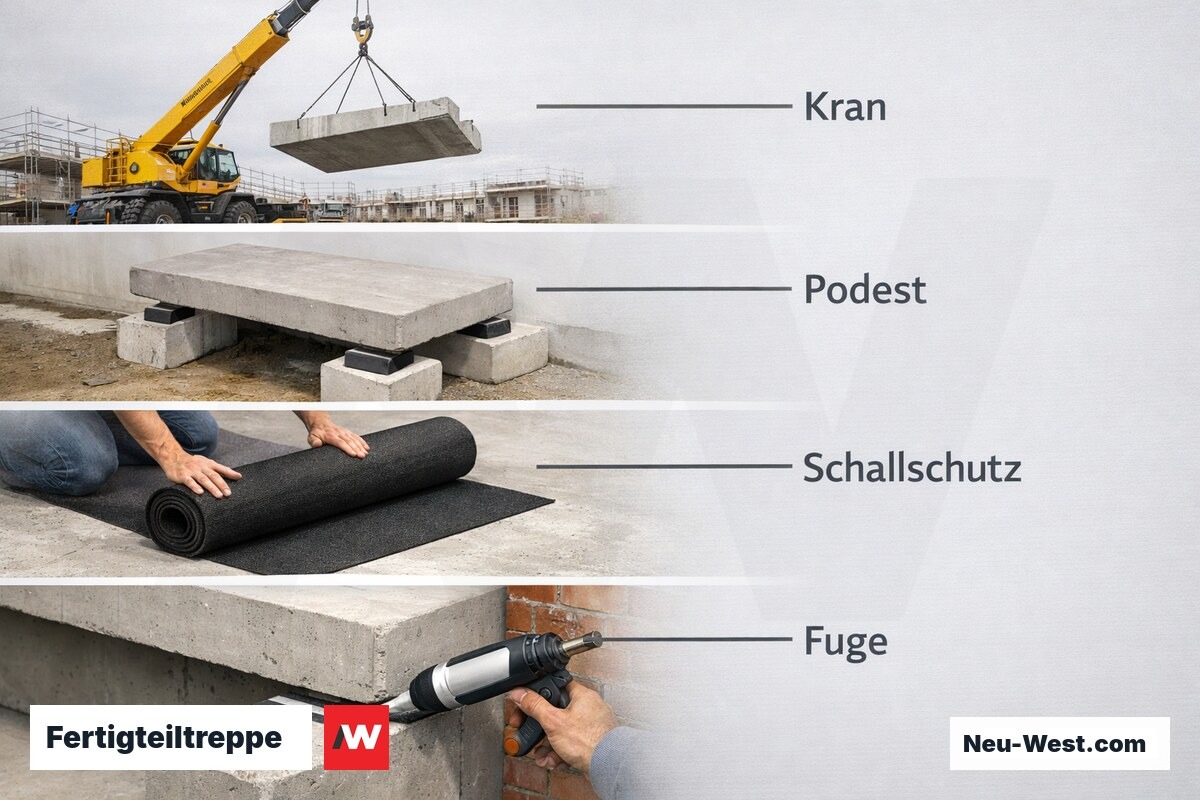 Fertigteiltreppe: Montageablauf von Kranaufstellung bis Fugenausbildung – Erklär-Grafik (NEUWEST Berlin)