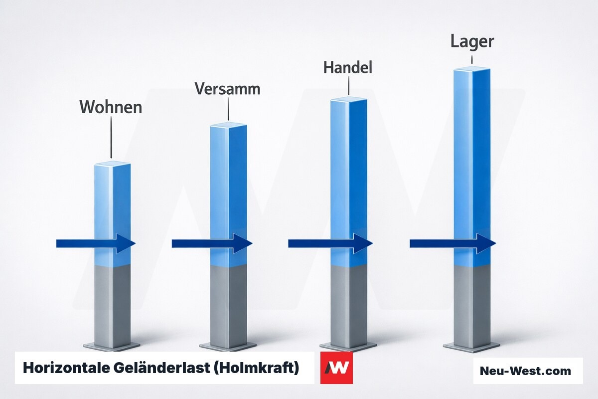 Horizontale Geländerlast (Holmkraft) nach DIN EN 1991-1-1 je Nutzungskategorie – Erklär-Grafik (NEUWEST Berlin)