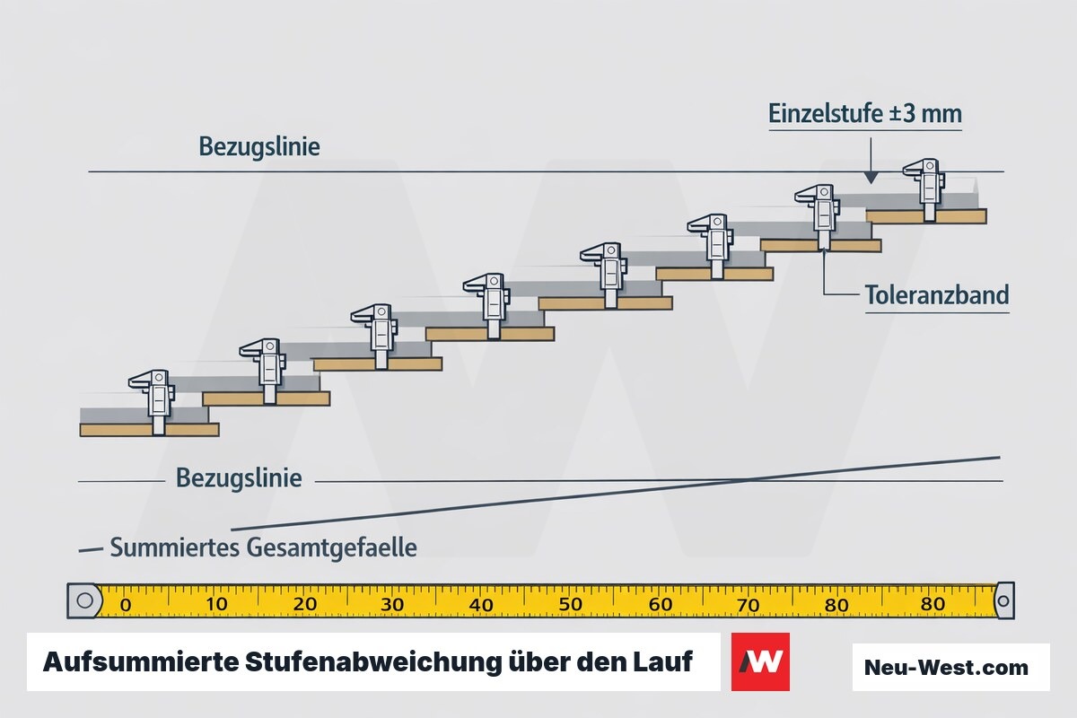 Treppen-Querschnitt: einzelne Stufen jeweils innerhalb ±3 mm Toleranz, deren Abweichungen sich über den Lauf zu einem Gesamtgefälle summieren.