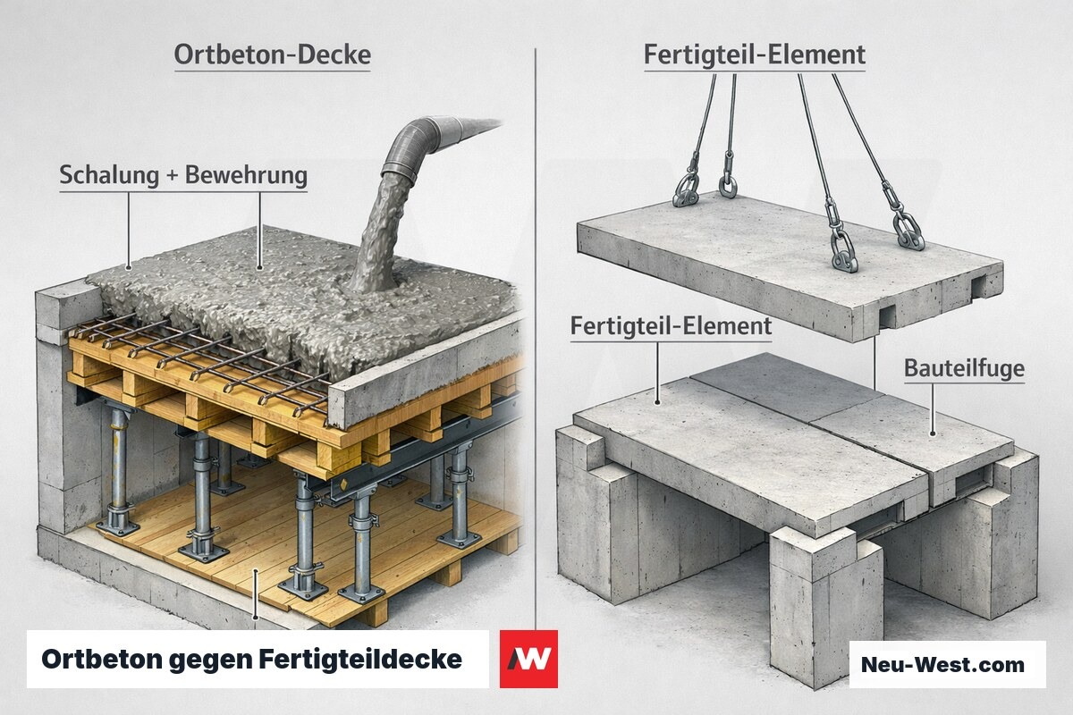 Querschnitt-Vergleich: links Ortbeton-Decke mit Schalung und Bewehrung, rechts eingehobenes Fertigteil-Element mit Bauteilfuge.