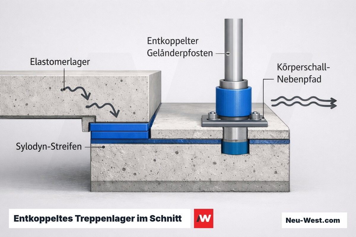 Schnitt durch Treppenauflager mit Elastomerlager, Sylodyn-Streifen und schwingungsentkoppeltem Geländerpfosten zur Vermeidung eines Körperschall-Nebenpfads.