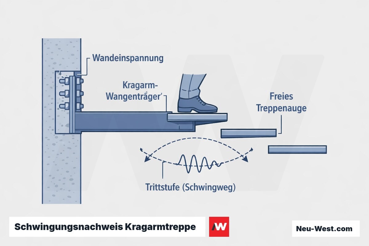 Erklär-Cutaway einer freitragenden Stahltreppe mit Wandeinspannung, Kragarm-Stufen und dargestelltem vertikalem Schwingweg unter Trittlast.