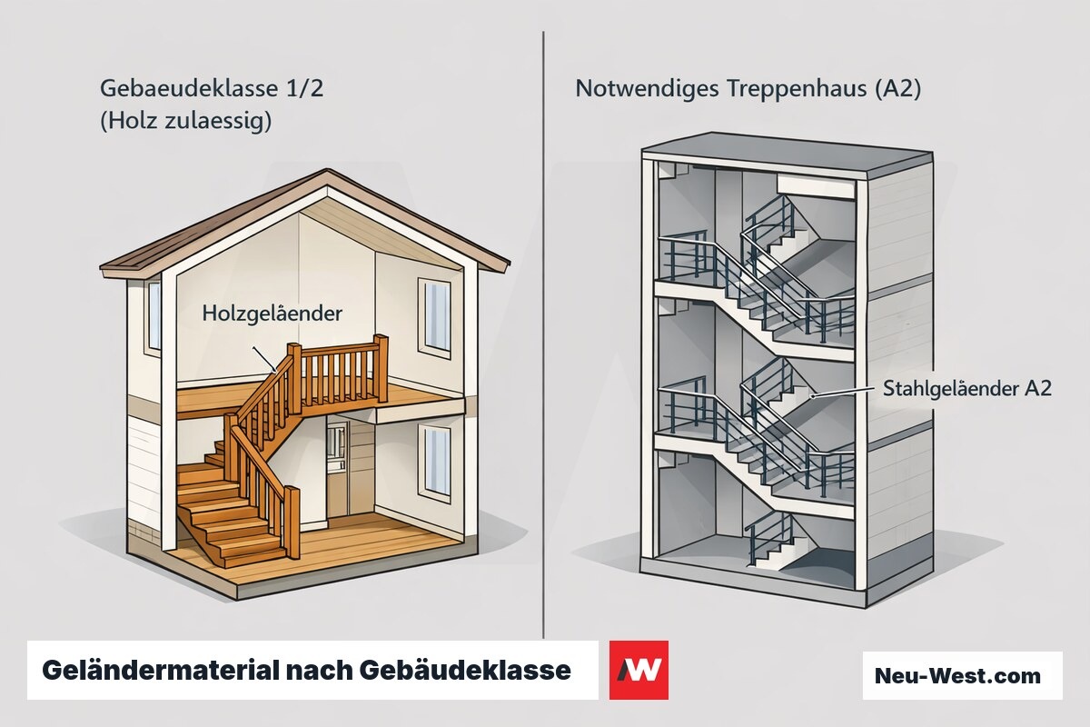 Vergleichs-Querschnitt: freistehendes Wohnhaus GK 1/2 mit zulässigem Holzgeländer gegenüber notwendigem Treppenhaus mit A2-Stahlgeländer.