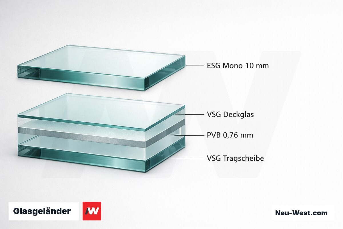 Glasgeländer: ESG-Monoglas vs. VSG-Verbundglas im Querschnitt – Erklär-Grafik (NEUWEST Berlin)