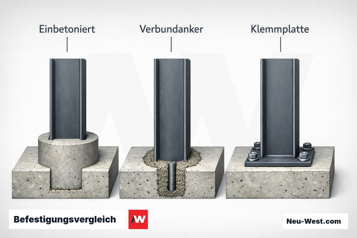 Befestigungsvergleich: Einbetonieren, Verbundanker, Klemmplatte – Erklär-Grafik (NEUWEST Berlin)