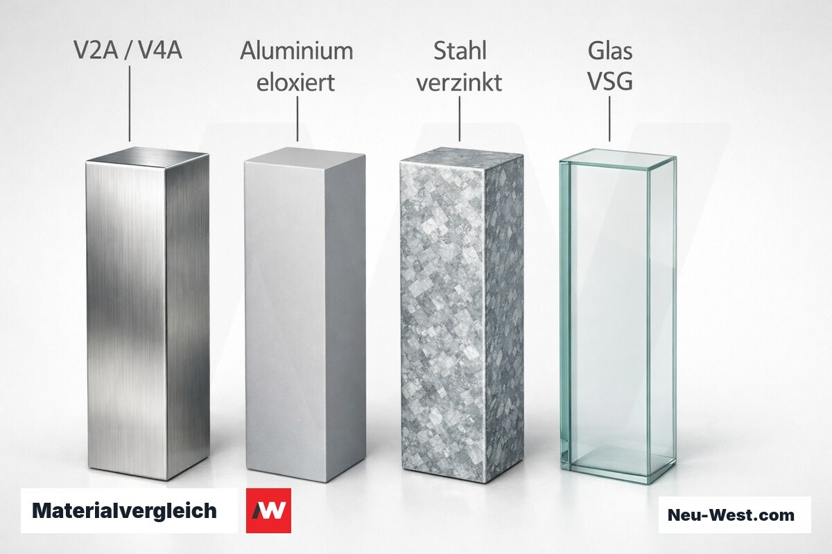 Materialvergleich: Edelstahl, Aluminium, Stahl verzinkt, Glas VSG – Erklär-Grafik (NEUWEST Berlin)