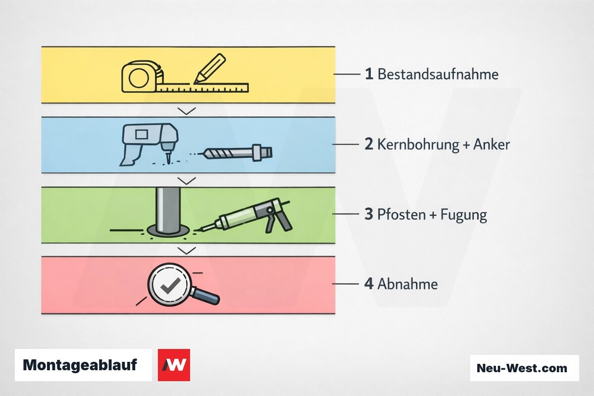 Montageablauf: Treppengeländer in 4 Hauptphasen – Erklär-Grafik (NEUWEST Berlin)