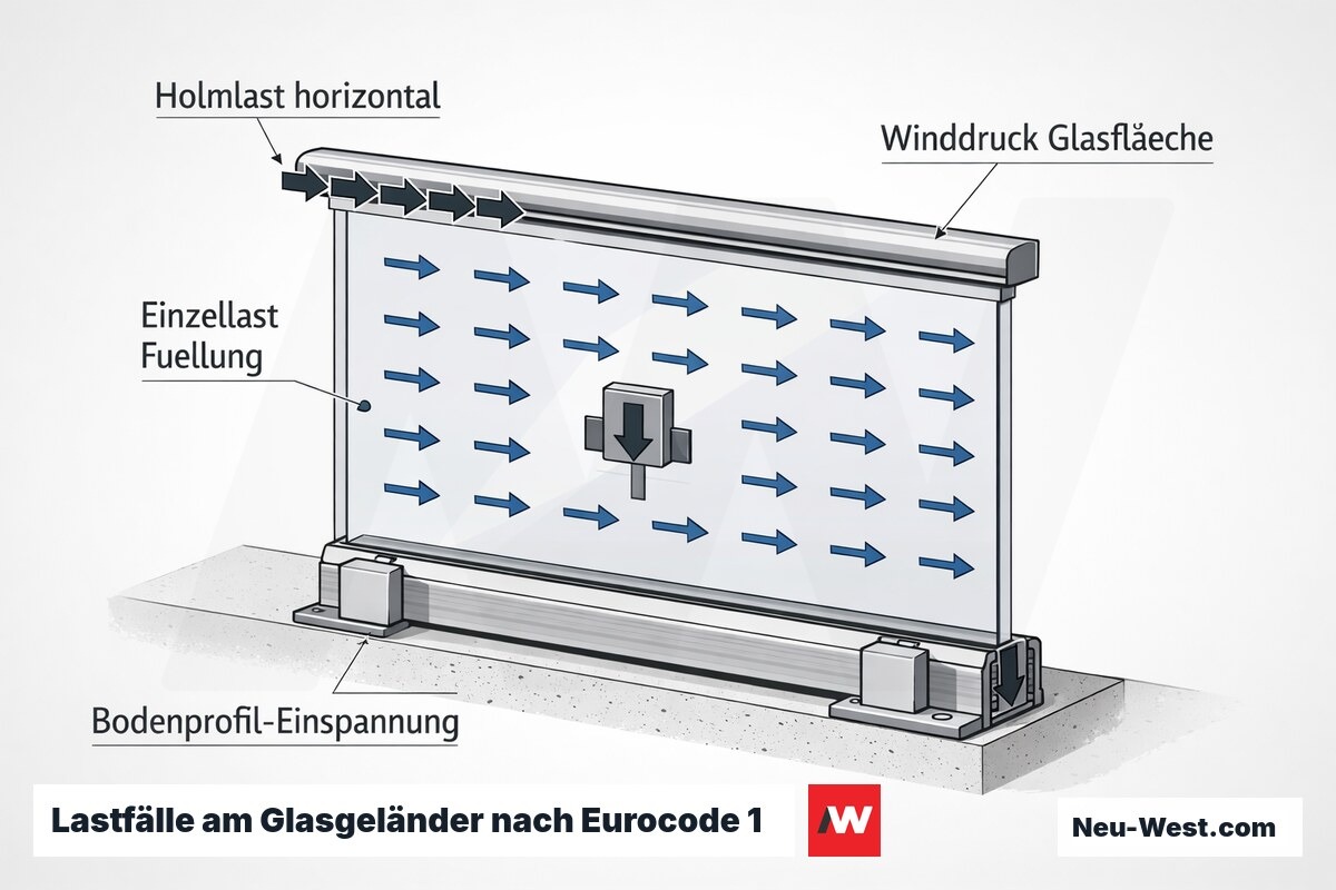 Erklär-Grafik eines Glasgeländers mit Holmlast, Einzellast auf die Füllung und flächigem Winddruck auf die Glasscheibe nach Eurocode 1.