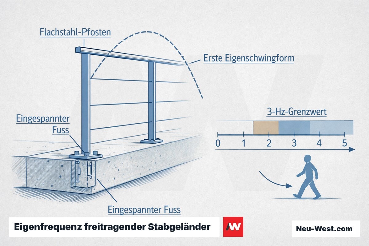 Schema eines freitragenden Flachstahl-Stabgeländers mit eingespanntem Pfosten, erster Schwingform und Frequenzskala mit 3-Hz-Grenze gegen Fußgängeranregung.