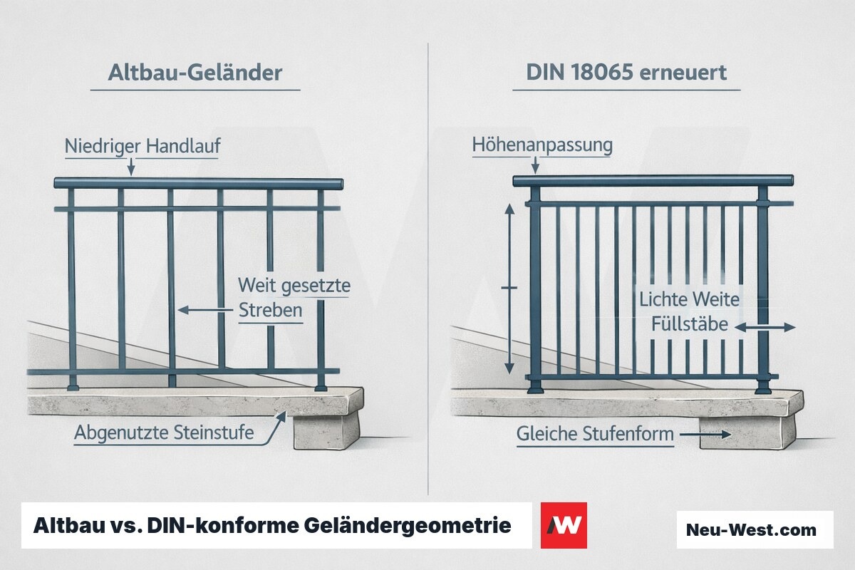Querschnittsvergleich eines Altbau-Treppengeländers und der DIN-18065-konformen Erneuerung mit größerer Höhe und engeren Füllstababständen.