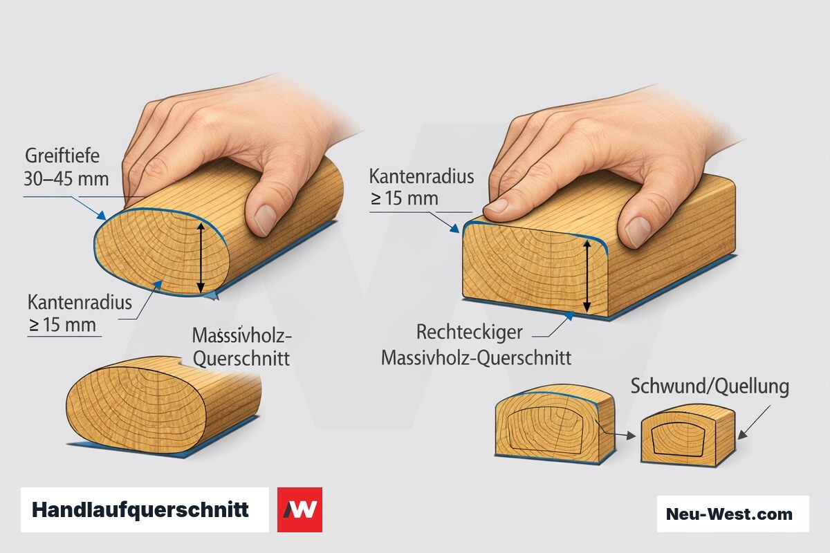 Querschnitt-Illustration eines ovalen Holzhandlaufs mit greifender Hand, Bemaßung von Greiftiefe, Kantenradius und Holzschwund.