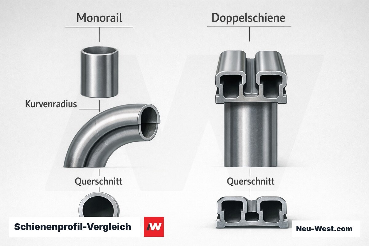 Schienenprofil-Vergleich: Monorail vs. Doppelschiene – Erklär-Grafik (NEUWEST Berlin)