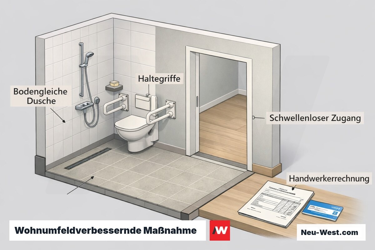 Querschnitt eines barrierefreien Bades mit bodengleicher Dusche, Haltegriffen, schwellenlosem Zugang und Handwerkerrechnung für §35a EStG.